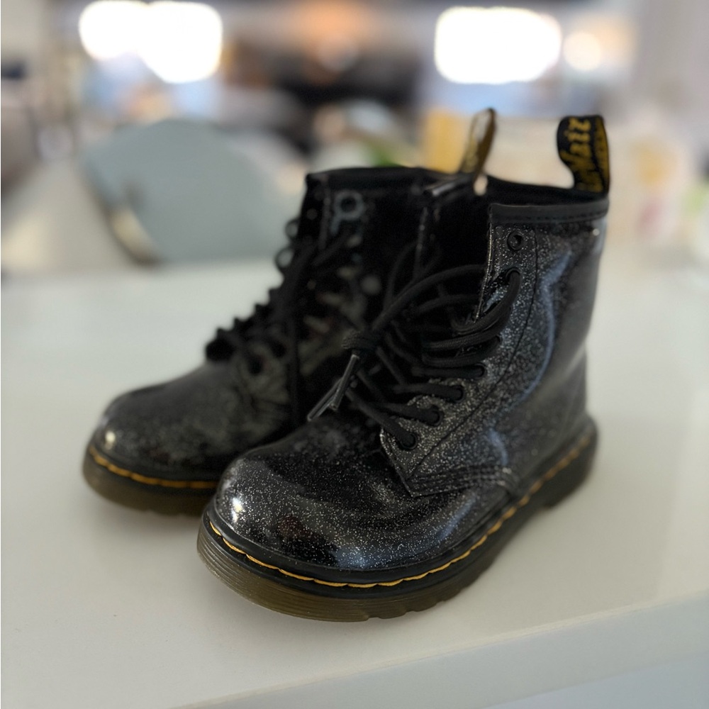 Kids Black shiny smooth glitter doc martens size 9